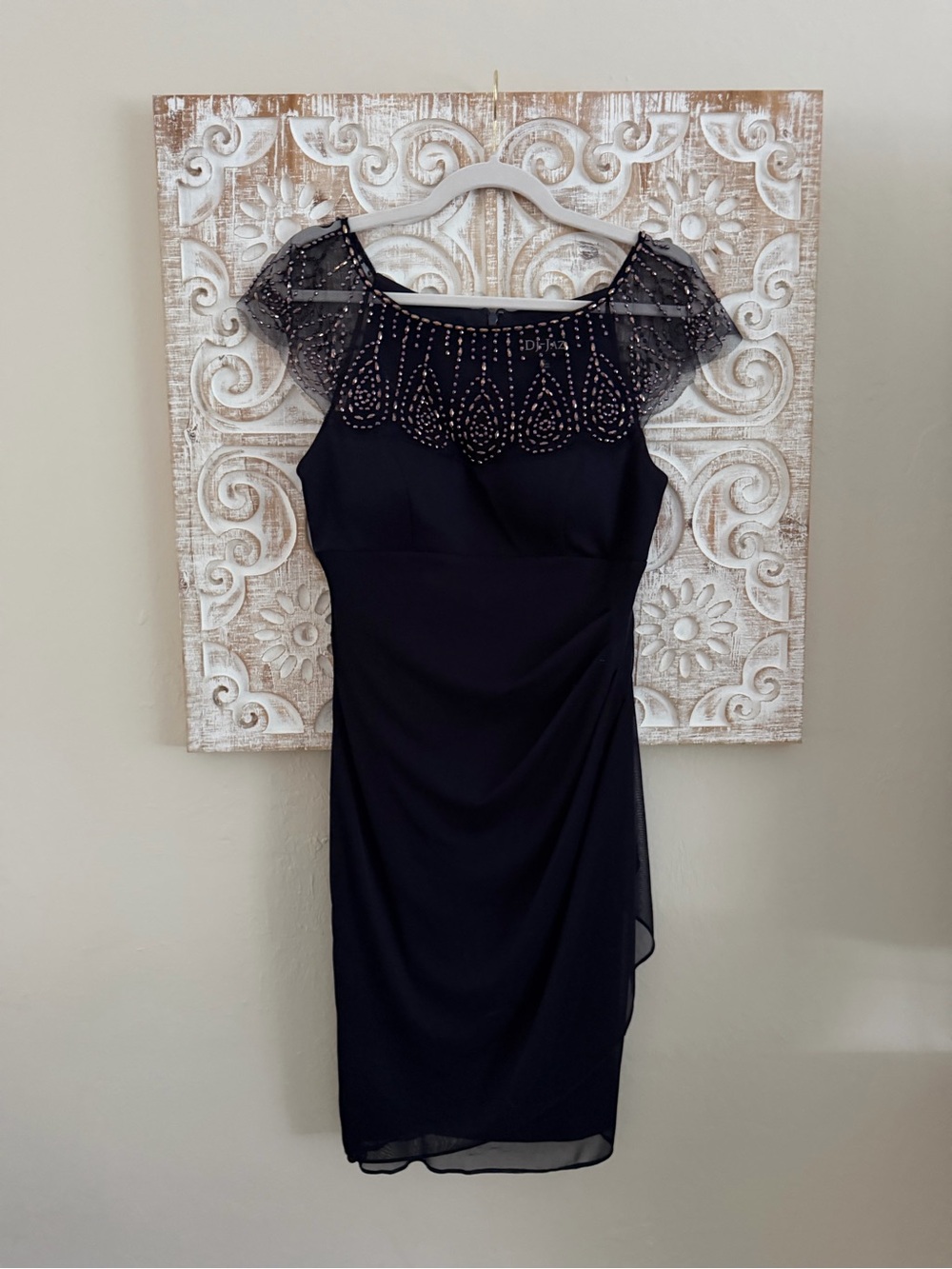 Dark Blue Beaded Illusion-Sleeve Midi Dress